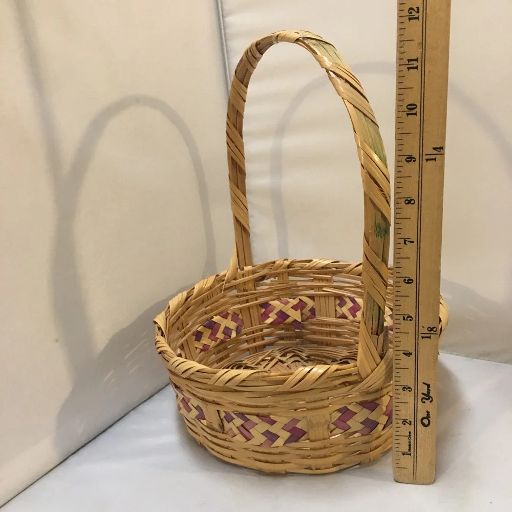 Vintage Mexican Woven Basket Handle Natural Purple Handcrafted Easter Holiday